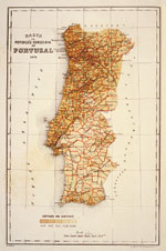 Distribuição da população em 1876, em hectares por habitante, segundo as Cartas elementares de Portugal de B. de Barros Gomes.