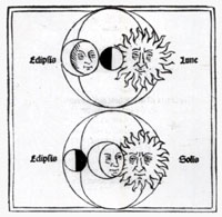 Gravura de finais do século XV, representando eclipses solares (em cima) e lunares (em baixo)